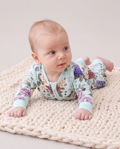 Pyjama sans pieds ajusté à fermeture éclair en mélange floral neutre en bambou pour bébé, vert menthe