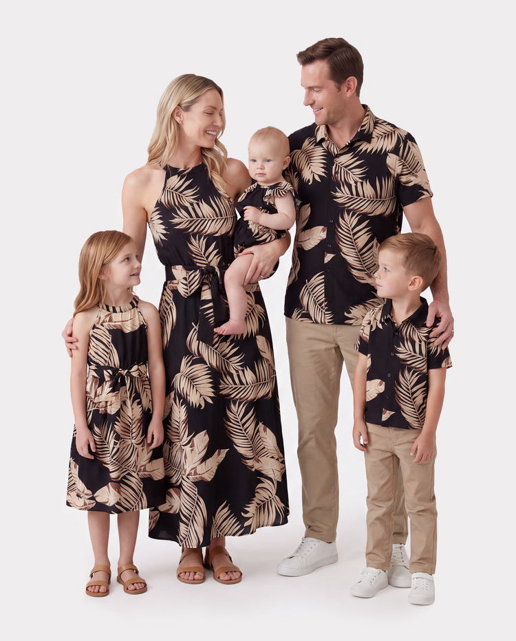 Family Matching Solid Leaf Sleeveless Halter Dresses And Short Sleeve Tops Sets Black