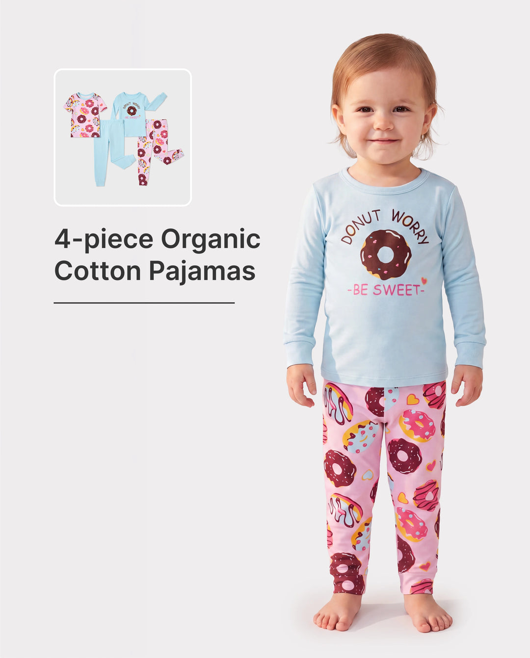 Pyjama 4 pièces en coton biologique pour tout-petits/enfants, ensemble 4 en 1 coupe ajustée pour filles, bleu clair