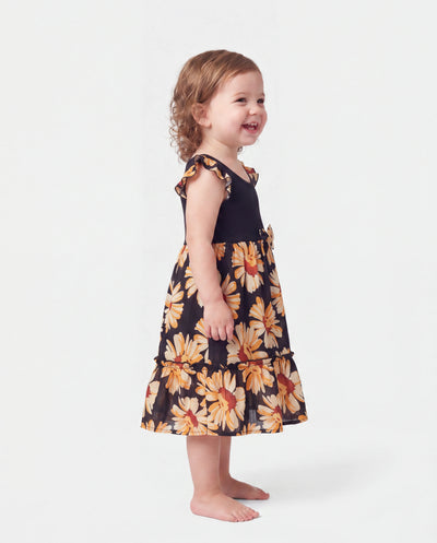 Kleinkind-/Kinder-Mädchen Set mit ärmellosem Blumenkleid mit Trägern Schwarz