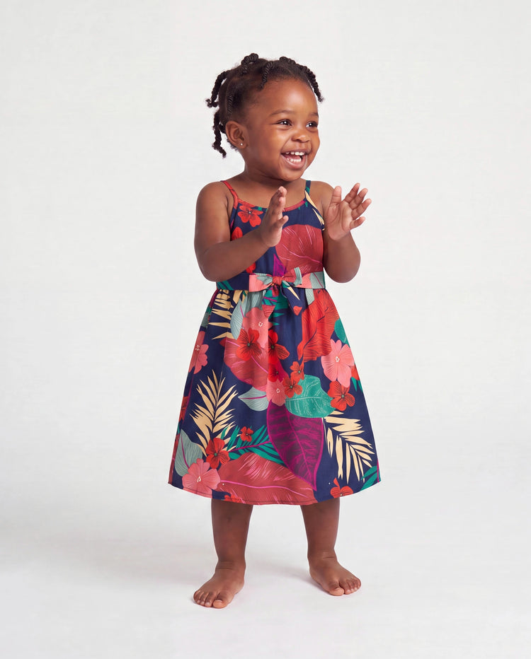 Toddler/Kid Girl Sets Floral V-neck Strap Dress with Hidden Snap Deep Blue
