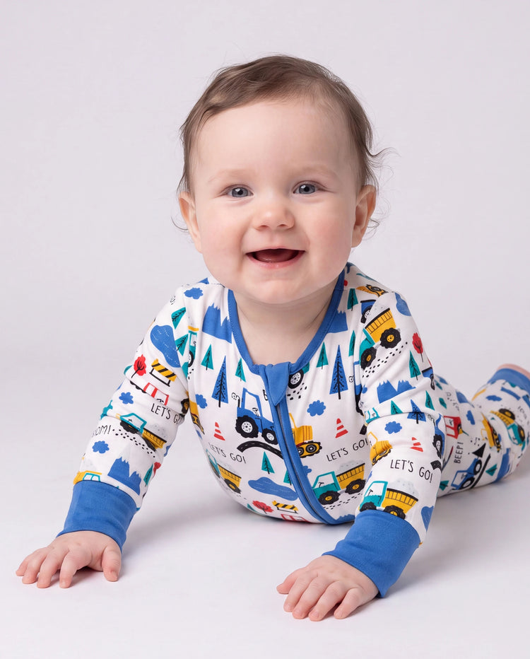 Bamboo Baby Boy/Girl Cartoon Printed 2-Way Zip Onesies Anti Slip Long-sleeve Footie Blue
