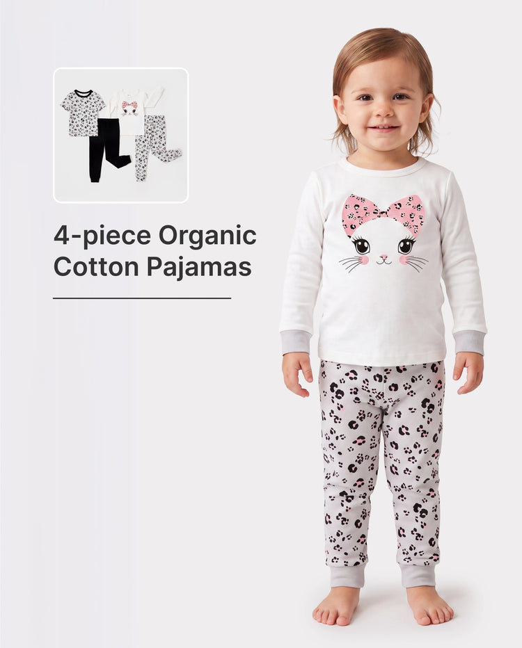 Toddler / Kids 4-piece Organic Cotton Pajamas 4-in 1 Snug fit PaJama Set for Girls White