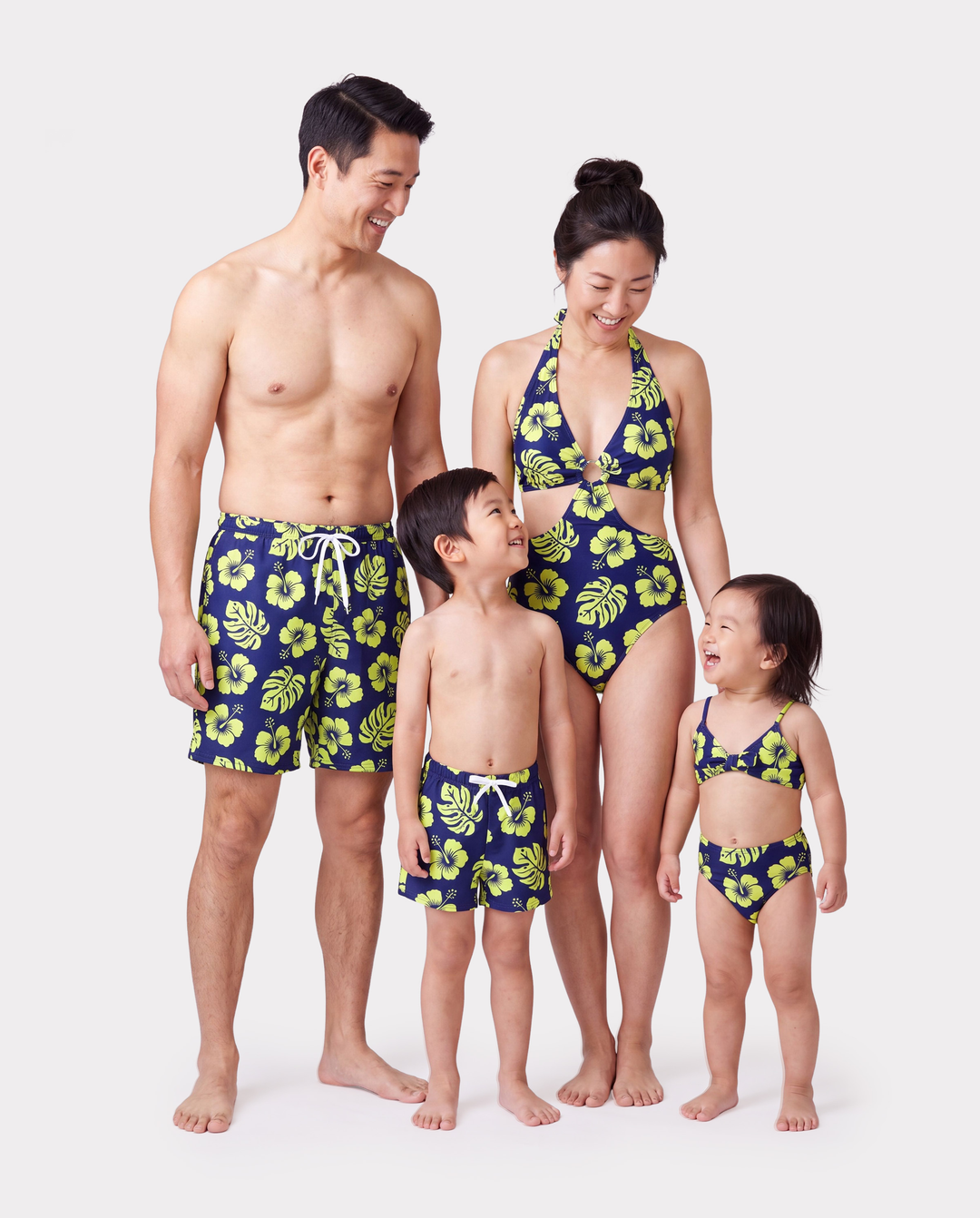 Trajes de Baño a Juego para Familia Estampado Floral Tropical Bikini Halter y Bañador Corto Azul Profundo