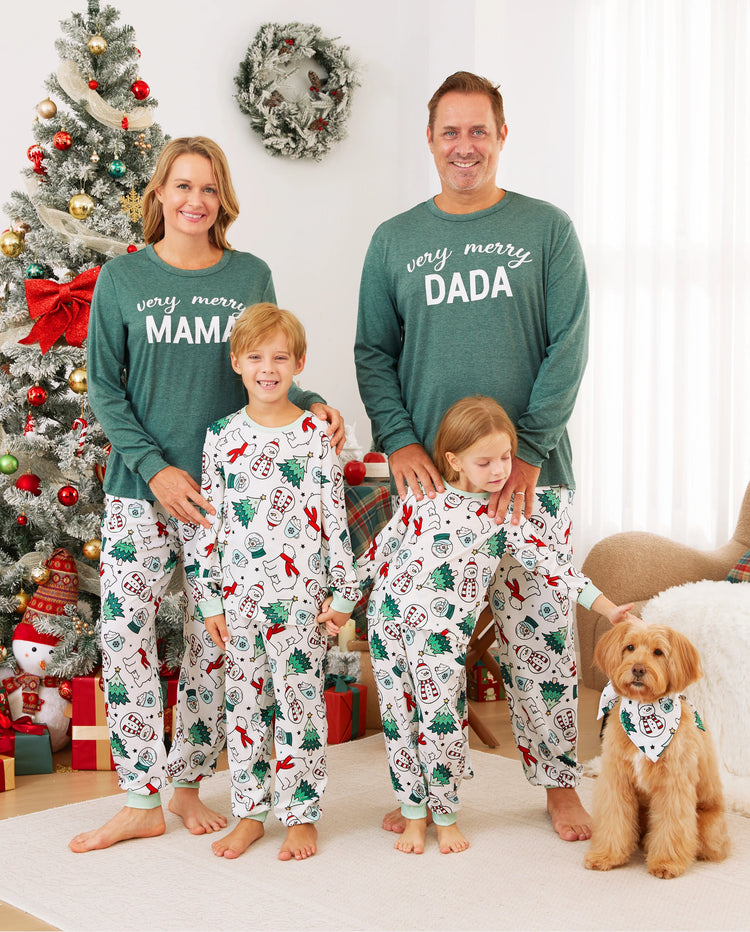 Pijama familiar navideño de manga larga con estampado de camisetas verdes alegres y pantalones con calcetines navideños (mediano, verde primavera)