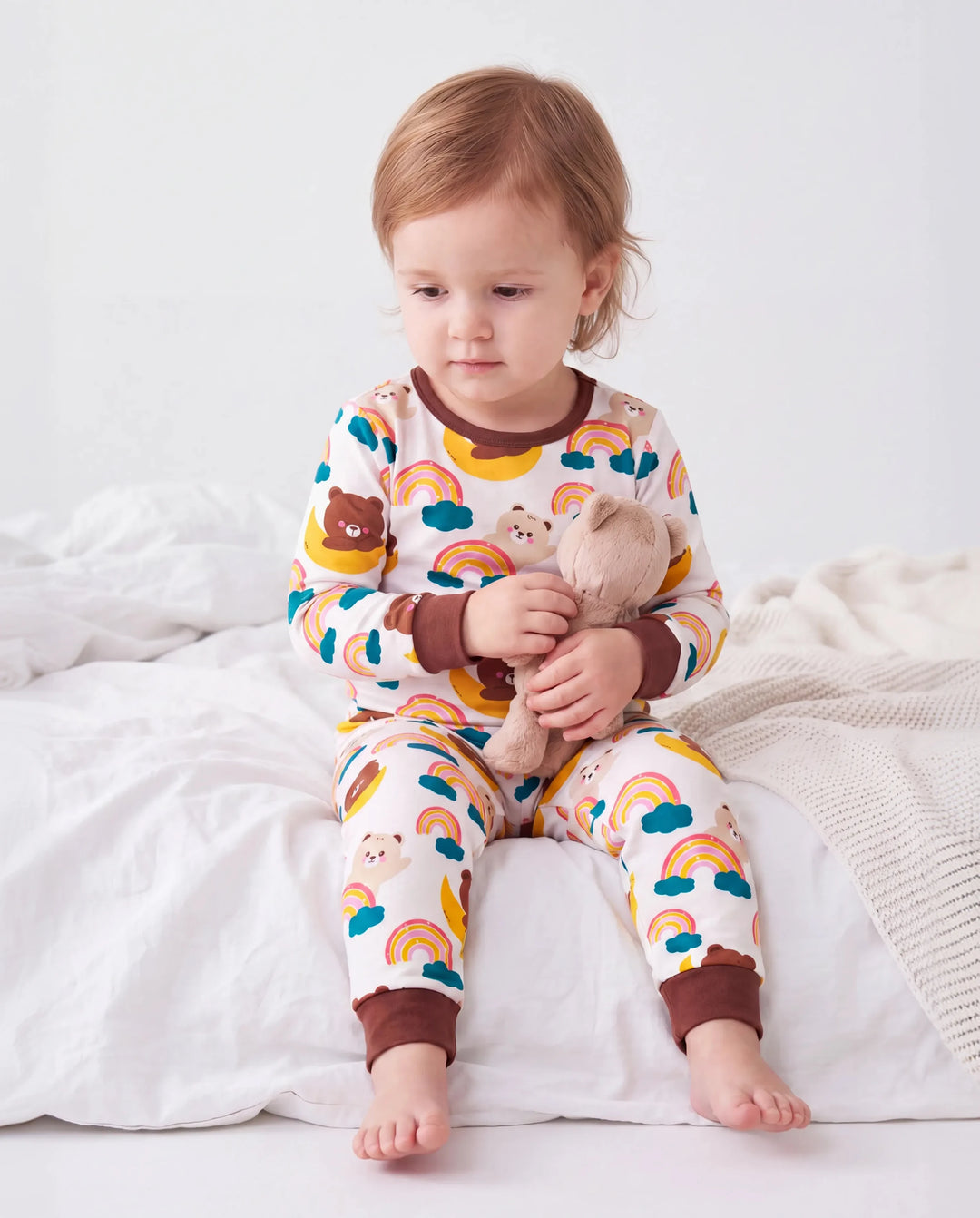 Ensemble Pyjama en Bambou 2 Pièces Imprimé Animal Enfantin Pyjama Ajusté pour Bébé/Tout-petit Marron