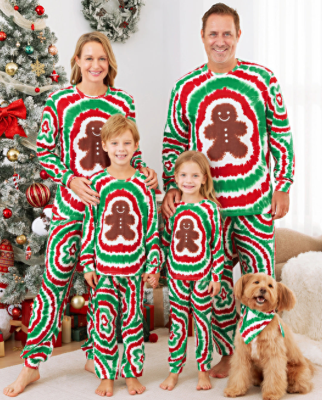 Ensemble pyjama de Noël familial rouge et vert motif bonhomme en pain d'épices tie-dye avec chaussettes de Noël multicolores