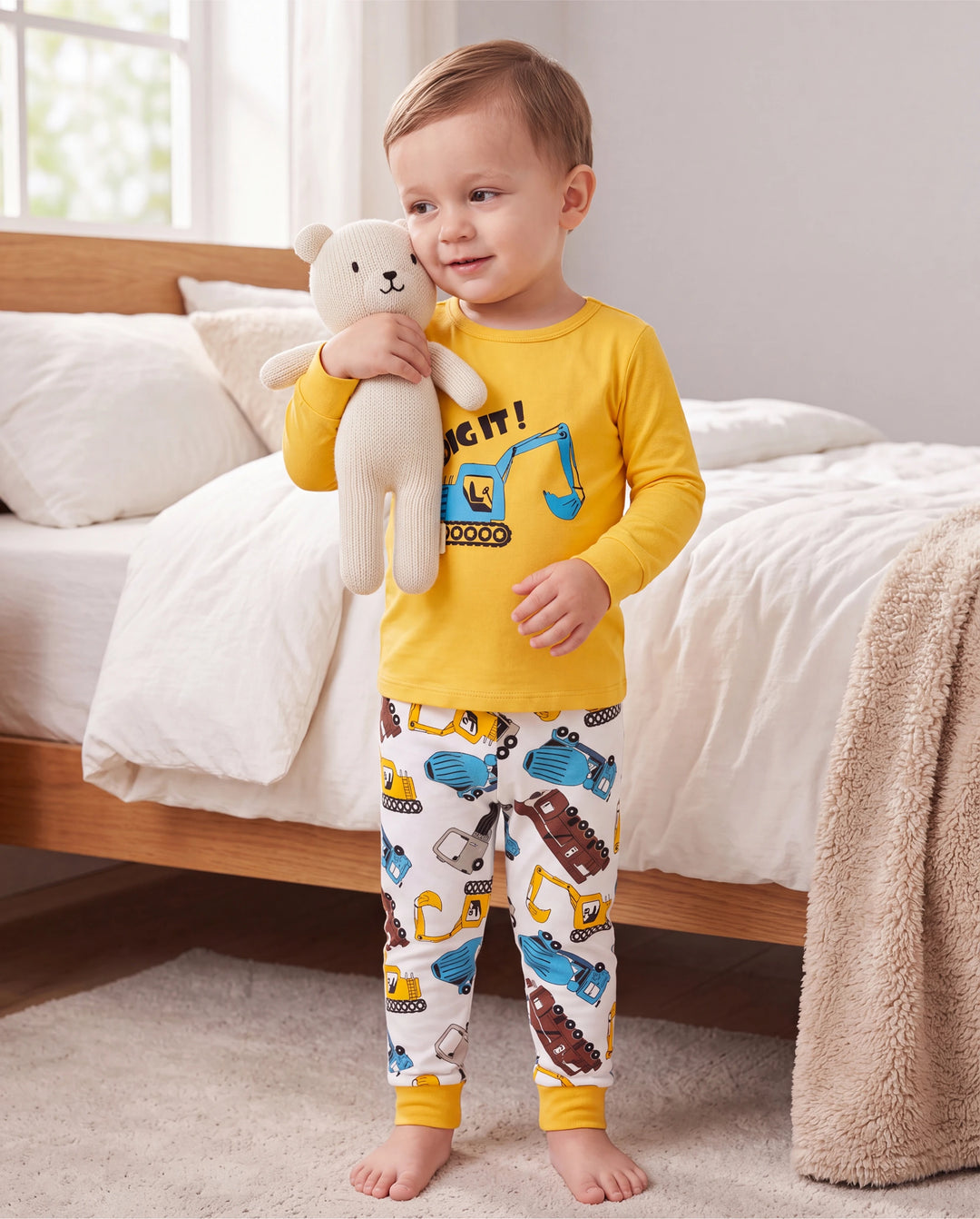 Kleinkind / Kinder 4-teiliger Pyjama aus Bio-Baumwolle 4-in-1 PJ Snug Fit Pjs für Mädchen / Jungen gelb