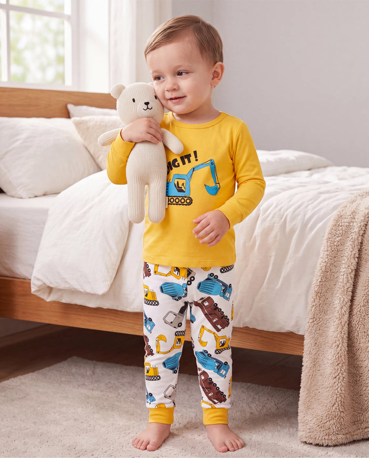 Kleinkind / Kinder 4-teiliger Pyjama aus Bio-Baumwolle 4-in-1 PJ Snug Fit Pjs für Mädchen / Jungen gelb