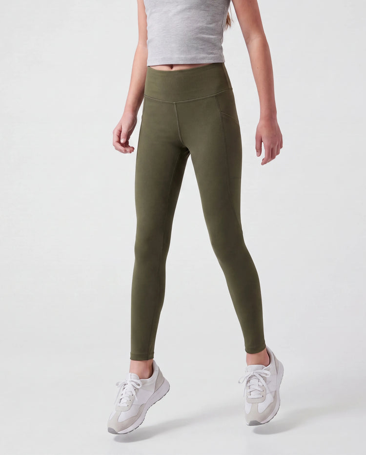 Leggings pour fille, pantalon de yoga taille haute, leggings de couleur unie avec chouchou assorti gratuit, vert armée
