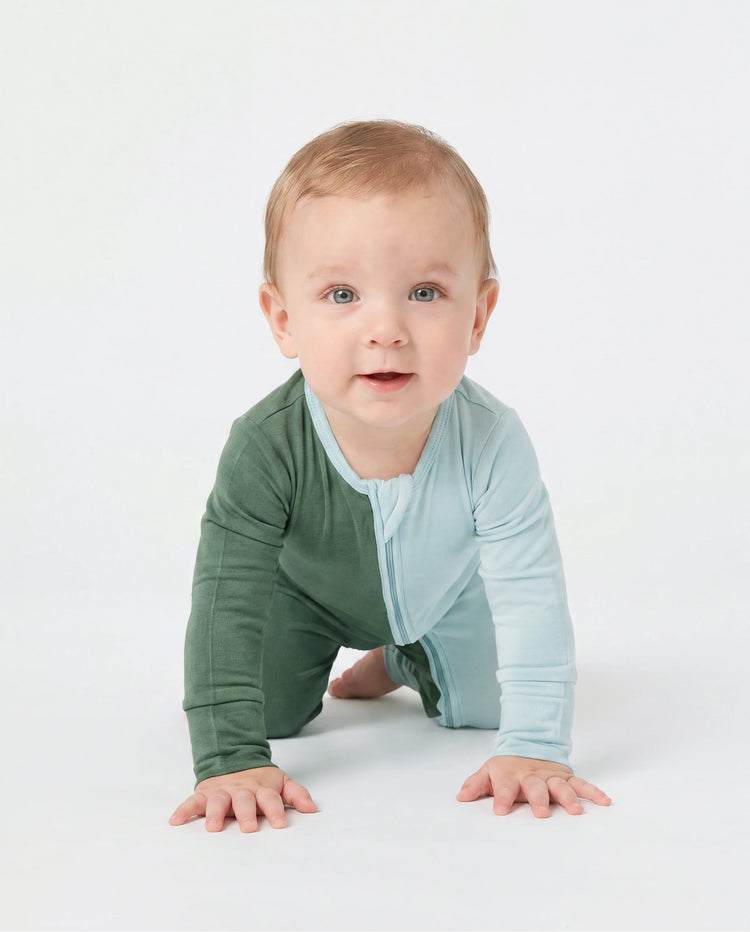 Bamboo Baby Boy / Girl Color Block 2-Way Zipper Anti Slip Long Sleeve Rompers Green