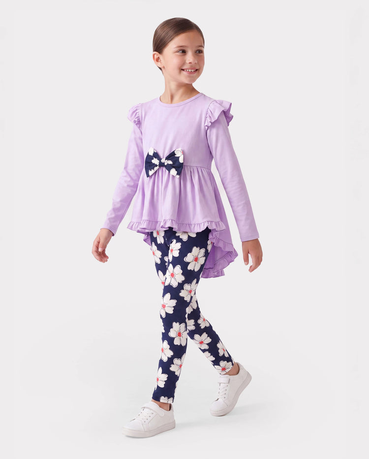 Ensemble 2 pièces pour fille, t-shirt à manches longues et volants avec nœud papillon et pantalon à imprimé floral violet clair