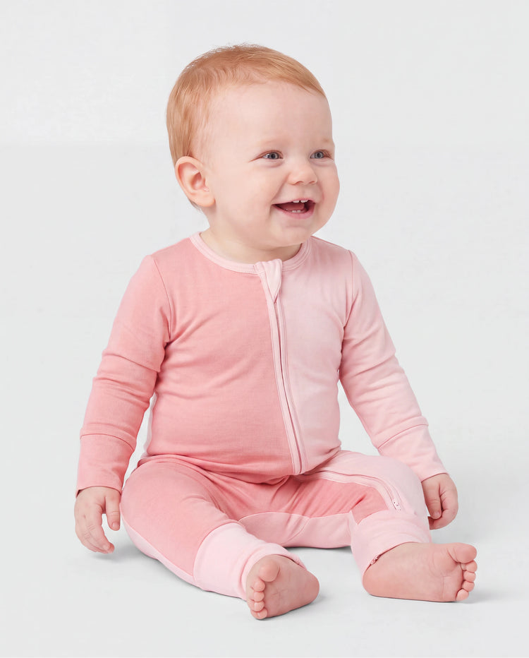 Mameluco de bambú para bebé niño/niña, con bloques de color, cremallera bidireccional, antideslizante, de manga larga, color rosa