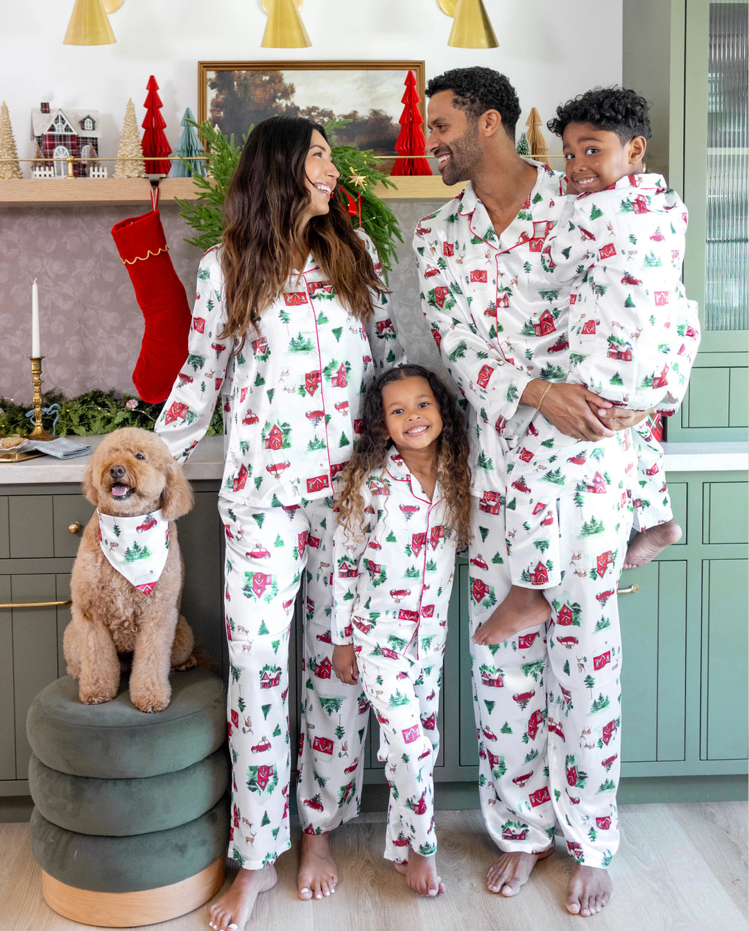 Christmas Matching Family Satin Pajamas Xmas Village Print Multicolor