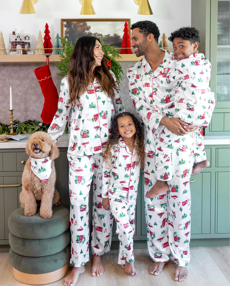 Christmas Matching Family Satin Pajamas Xmas Village Print Multicolor