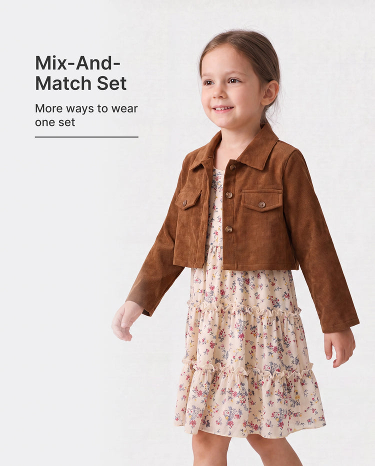 Kleinkind Mädchen 2pcs Reverskragen Jacke und florales Rüschenkleid Set khaki