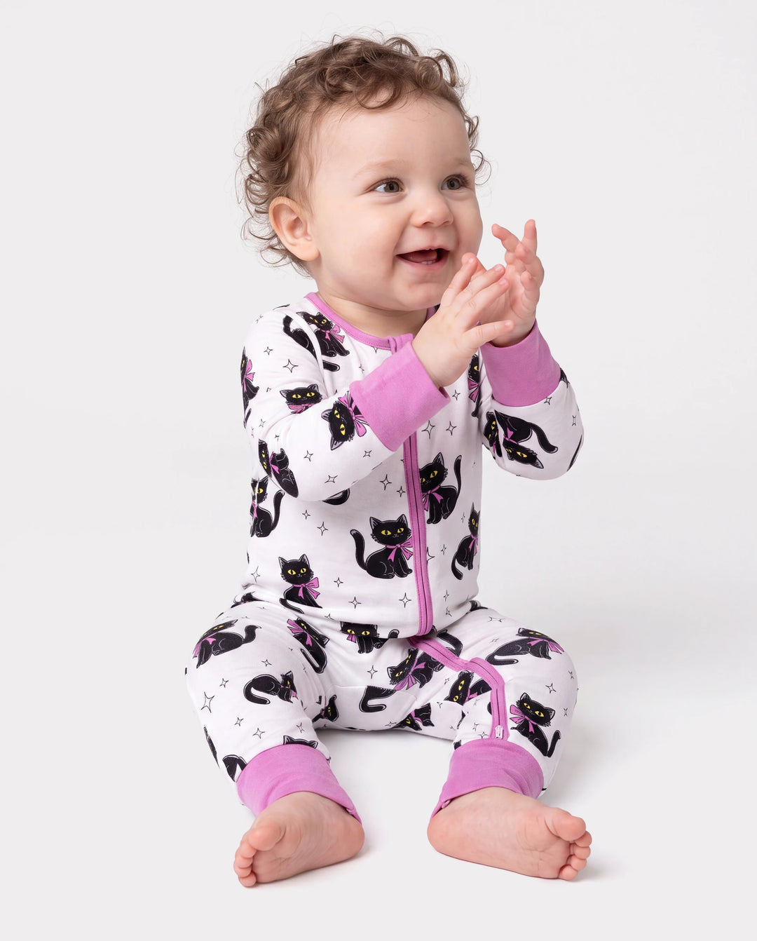 Pijamas de bambú para bebé niño/niña con estampado de dibujos animados y cremallera bidireccional Antideslizante de manga larga con pies Rosa púrpura