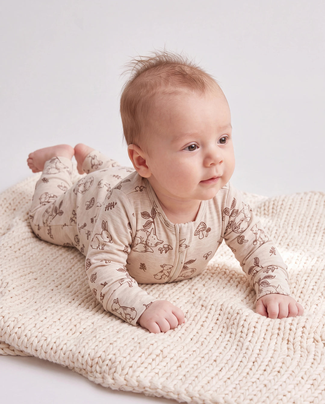 Pyjama bébé garçon/fille en laine à imprimé végétal, fermeture éclair, coupe ajustée, abricot