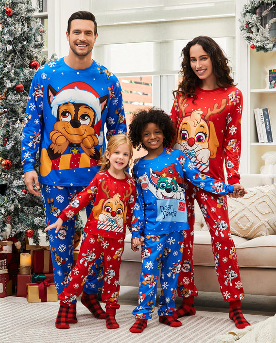 PAW-Patrol-Familien-Weihnachtspyjamas im Partnerlook, Weihnachtsmannmützen-Motiv, Blau und Rot