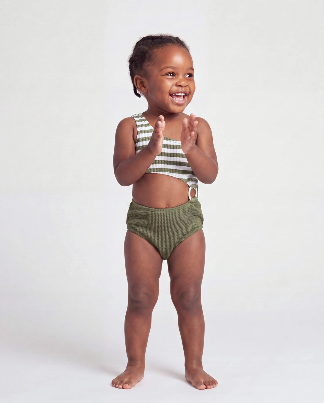Bañador de una pieza con bloques de color y rayas, un solo hombro para niña pequeña Verde militar
