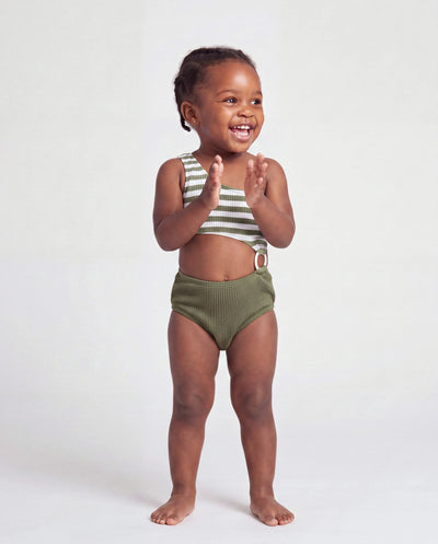 Maillot de bain une pièce bicolore à rayures et une épaule pour fillettes, vert armée