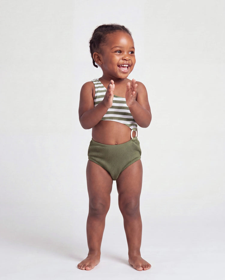 Bañador de una pieza con bloques de color y rayas, un solo hombro para niña pequeña Verde militar