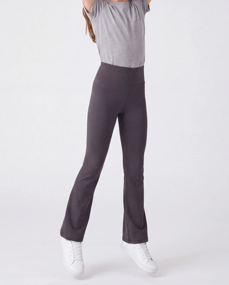 Girl's Leggings High-Waist Flared Yoga Pants with Complimentary Matching Scrunchie Dark Grey