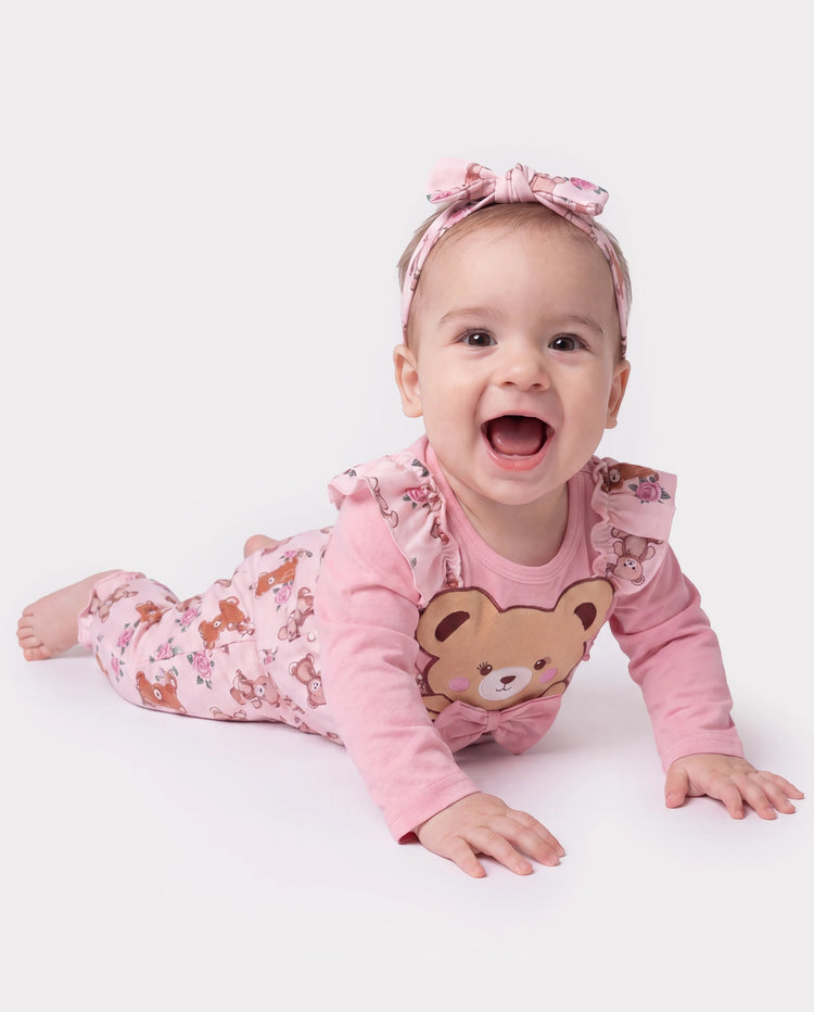 Baby Girl Bear Style Embroidered Floral Jumpsuit Pink
