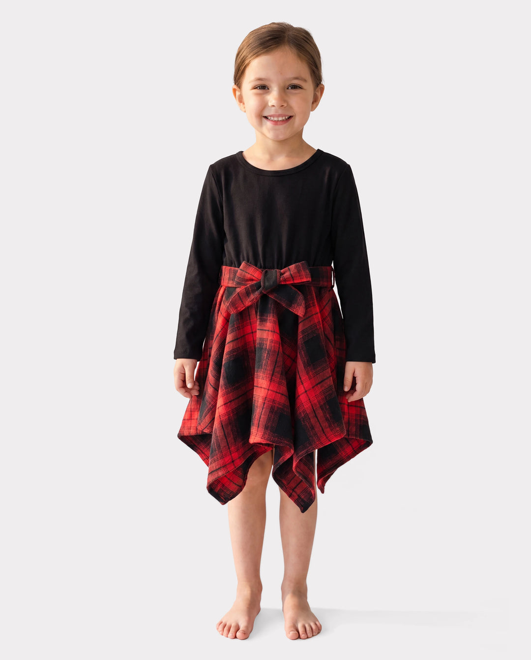 Toddler Girl Plaid Irregular Hem Splice Long-sleeve Dress Black