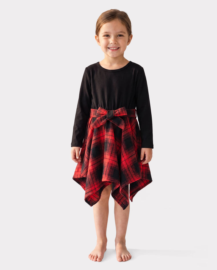 Toddler Girl Plaid Irregular Hem Splice Long-sleeve Dress Black