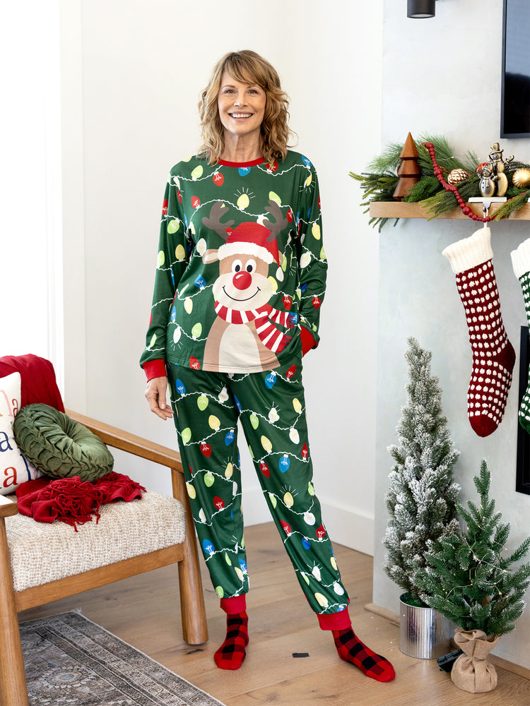 Ensemble pyjama de Noël assorti pour toute la famille, imprimé renne vert et chaussettes de Noël vertes