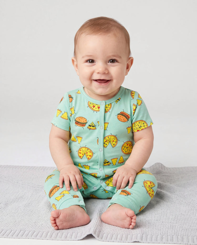 Pyjamas famille bambou vert menthe Papa & Fils Ensemble pyjama assorti à manches courtes et pantalon long à thème nourriture mignonne (ajusté pour enfants) Bleu clair