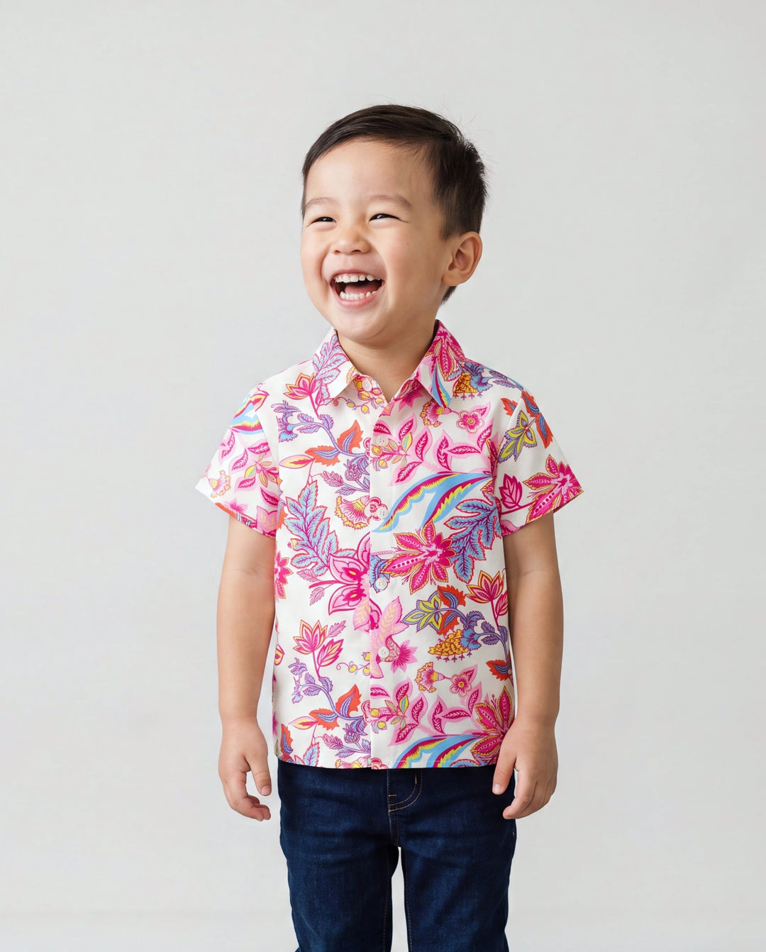 Daddy & Son Outfits Set Tropical Flora Print Short-sleeve Collar Shirt or Halter Belted Dress for Summer Vacation Beige