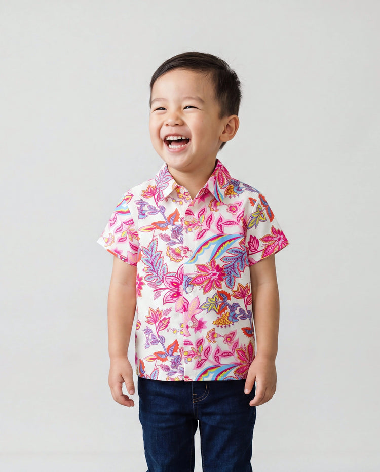Daddy & Son Outfits Set Tropical Flora Print Short-sleeve Collar Shirt or Halter Belted Dress for Summer Vacation Beige
