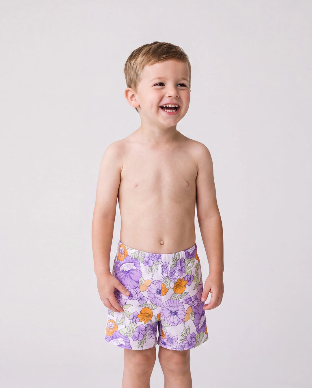 Daddy & Son Floral Print Swimsuits Ruffled One-Piece Bathing Suit & Swim Trunks Set Purple