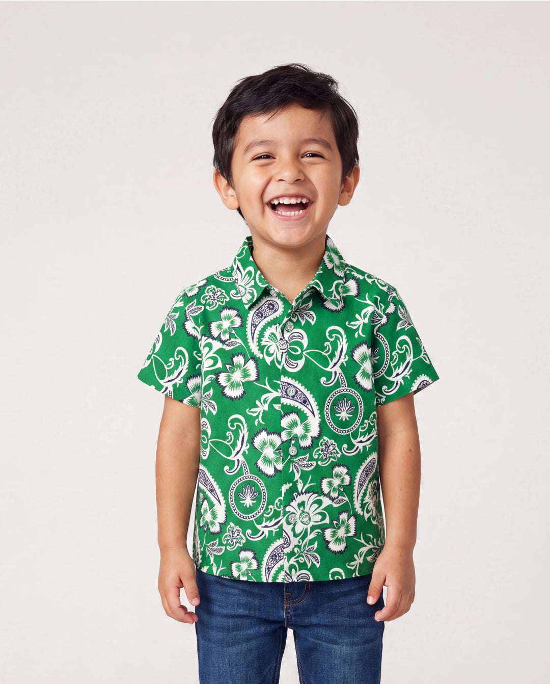 Daddy & Son Outfits Set Floral Print Short-sleeve Collar Shirt or Strappy Smocked  Dress for Summer Vacation Green