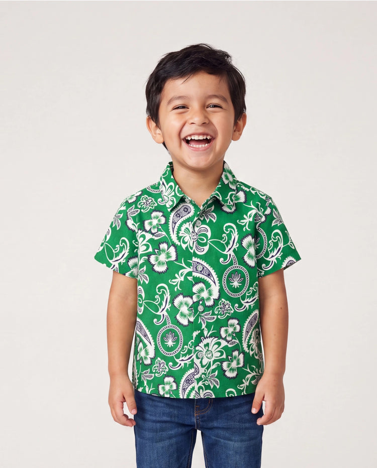 Daddy & Son Outfits Set Floral Print Short-sleeve Collar Shirt or Strappy Smocked  Dress for Summer Vacation Green