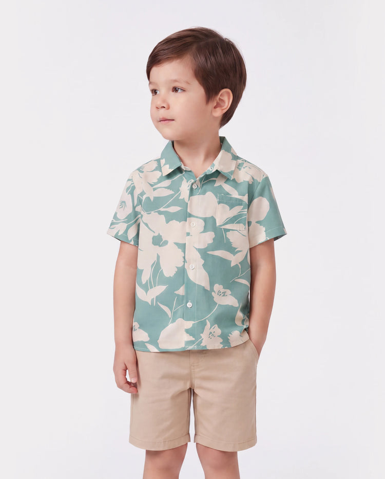 Daddy & Son Leaf Print Green Short-sleeve Shirt Set Green