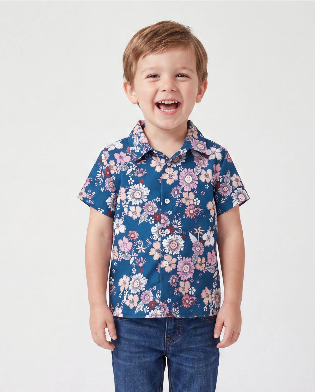 Daddy & Son outfits Floral Allover Print Short-sleeve Collar Shirt or Halter Sleeveless Dress for Summer Vacation CYAN-