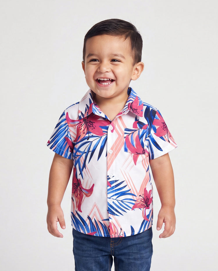 Daddy & Son Tropical Floral Outfits Pink Blue Leaf Print Short-sleeve Shirt Set for Vacation, Cruise, Beach White