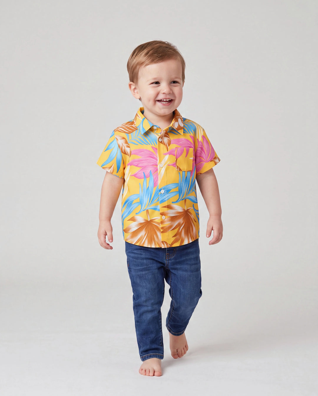 Ensemble assorti famille Papa et Moi : Ensemble jaune chemise à manches courtes ou robe à bretelles à imprimé feuilles tropicales Jaune