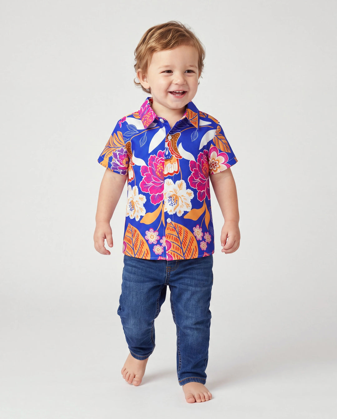 Papa & Sohn Hawaiianische Outfits Tropischer Blumenmuster Urlaubskleidung Kurzarm Hemden Sommer Strandbekleidung Set Marineblau