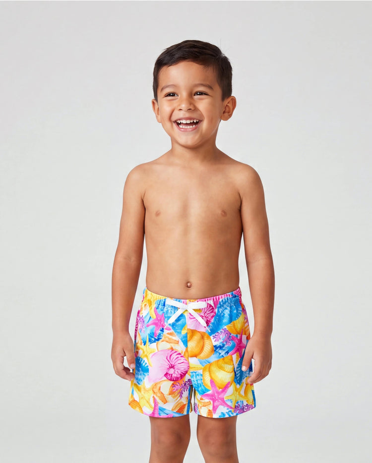 Papa & Sohn Muschel- & Seestern-Print Badeanzüge Raffung Einteiler & Badeshorts Set Mehrfarbig