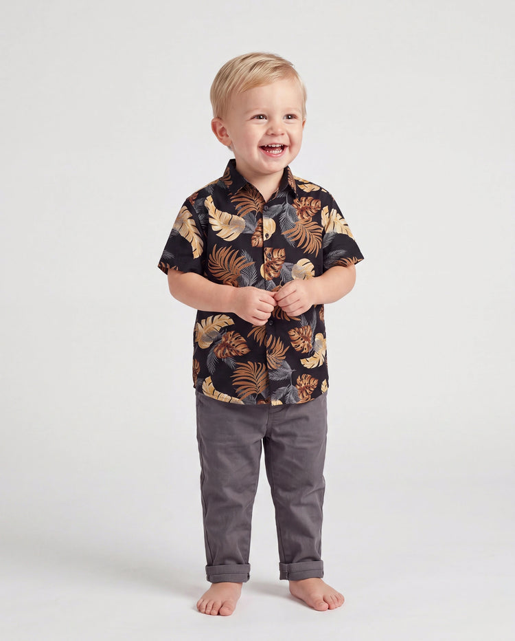 Daddy & Son Strandbekleidung mit Blumenmuster Kurzarmhemd-Set für Sommerurlaub Familienlooks Schwarz+Weiß