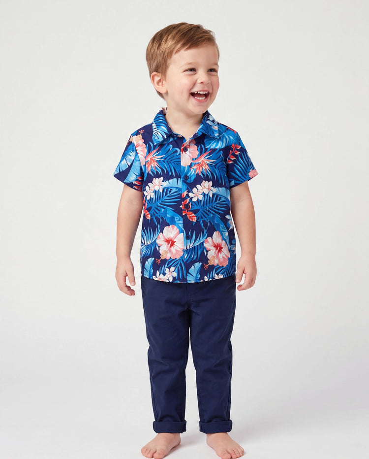 Daddy & Son Vacation Set Tropical Floral Print Shirt or Halter Dresses for Dad, Mom, Kids & Baby, Perfect for Summer Holidays & Family Photos Deep Blue