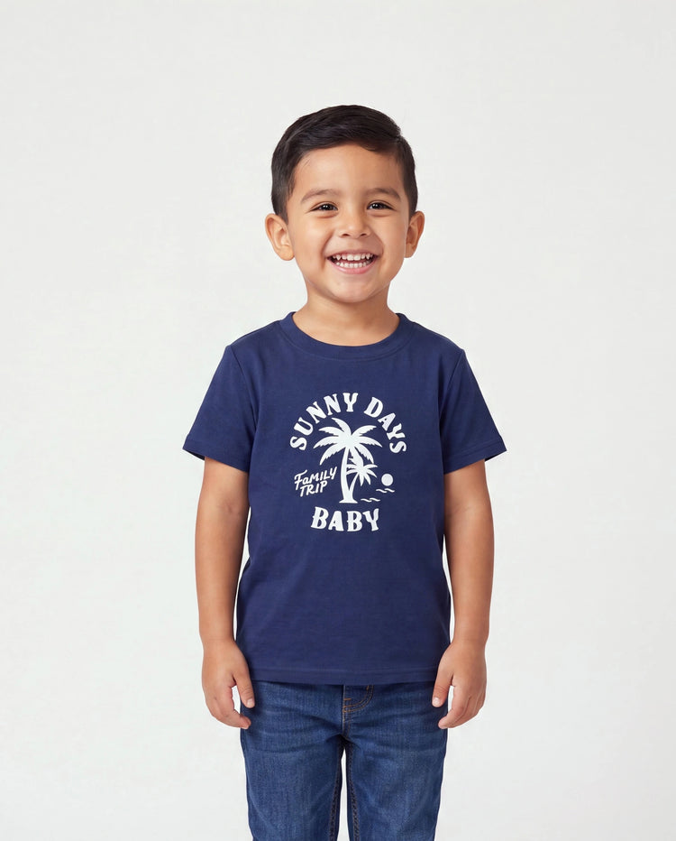 Conjunto de Camiseta y Vestido de Algodón Daddy & Son – Estampado de Palmeras Días Soleados para Papá, Mamá, Bebé y Niño Pequeño, Perfecto para Vacaciones de Verano y Salidas Familiares Azul Tibetano