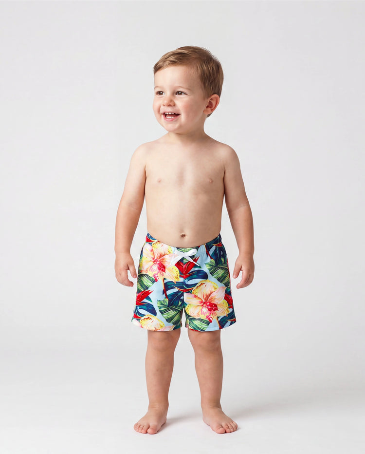 Papa und Ich Familien-Matching geblümte Kordelzug-Badeshorts oder geraffter Muschelrand-Bikini mit optionalem Bade-Cover-Up Rot