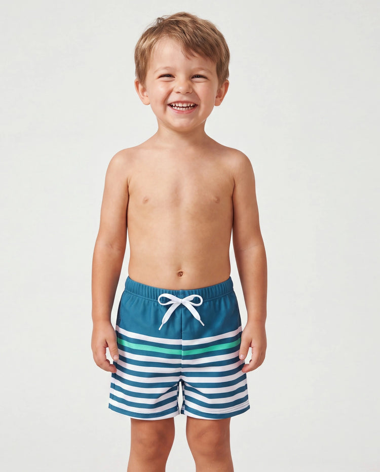 Trajes de baño a rayas azul verdoso para papá e hijo Conjunto de bikini fruncido y bañadores Multicolor