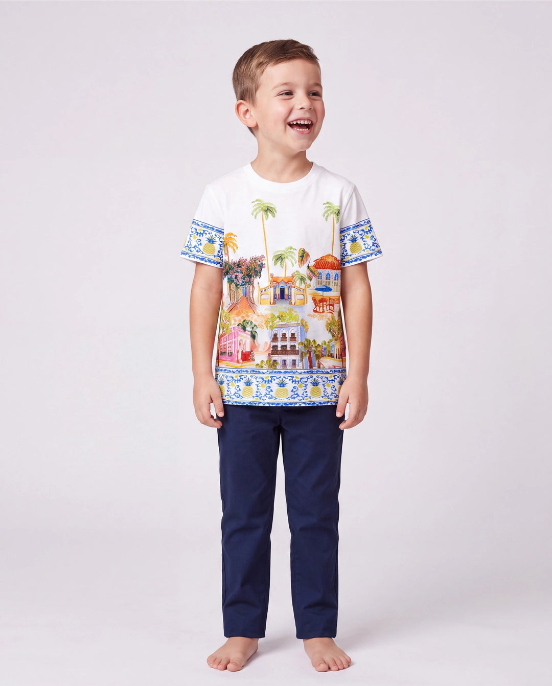Daddy & Son Vacation Set Tropical Pineapple Coconut Tree Print Short-sleeve T-shirt or Hollow out Strap Dress for Summer Vacation White