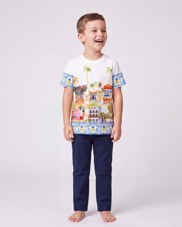 Daddy & Son Vacation Set Tropical Pineapple Coconut Tree Print Short-sleeve T-shirt or Hollow out Strap Dress for Summer Vacation White
